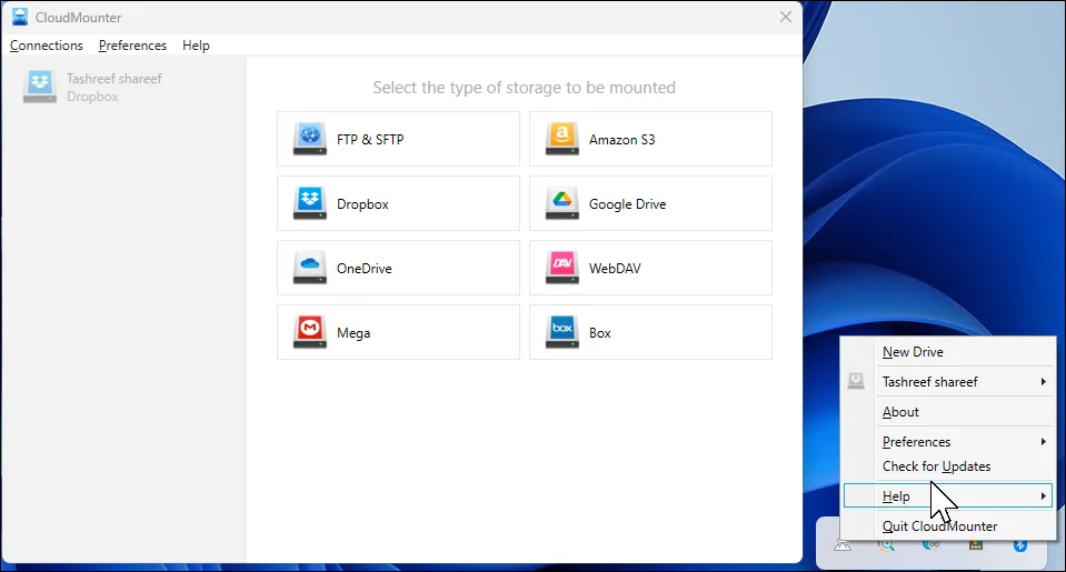 Giao diện chính CloudMounter trên Windows 11 hiển thị các ổ đĩa đám mây đã gắn kết.