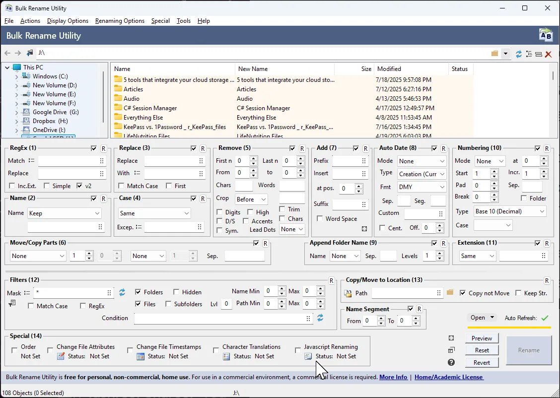Giao diện chính của Bulk Rename Utility với các tùy chọn đổi tên hàng loạt