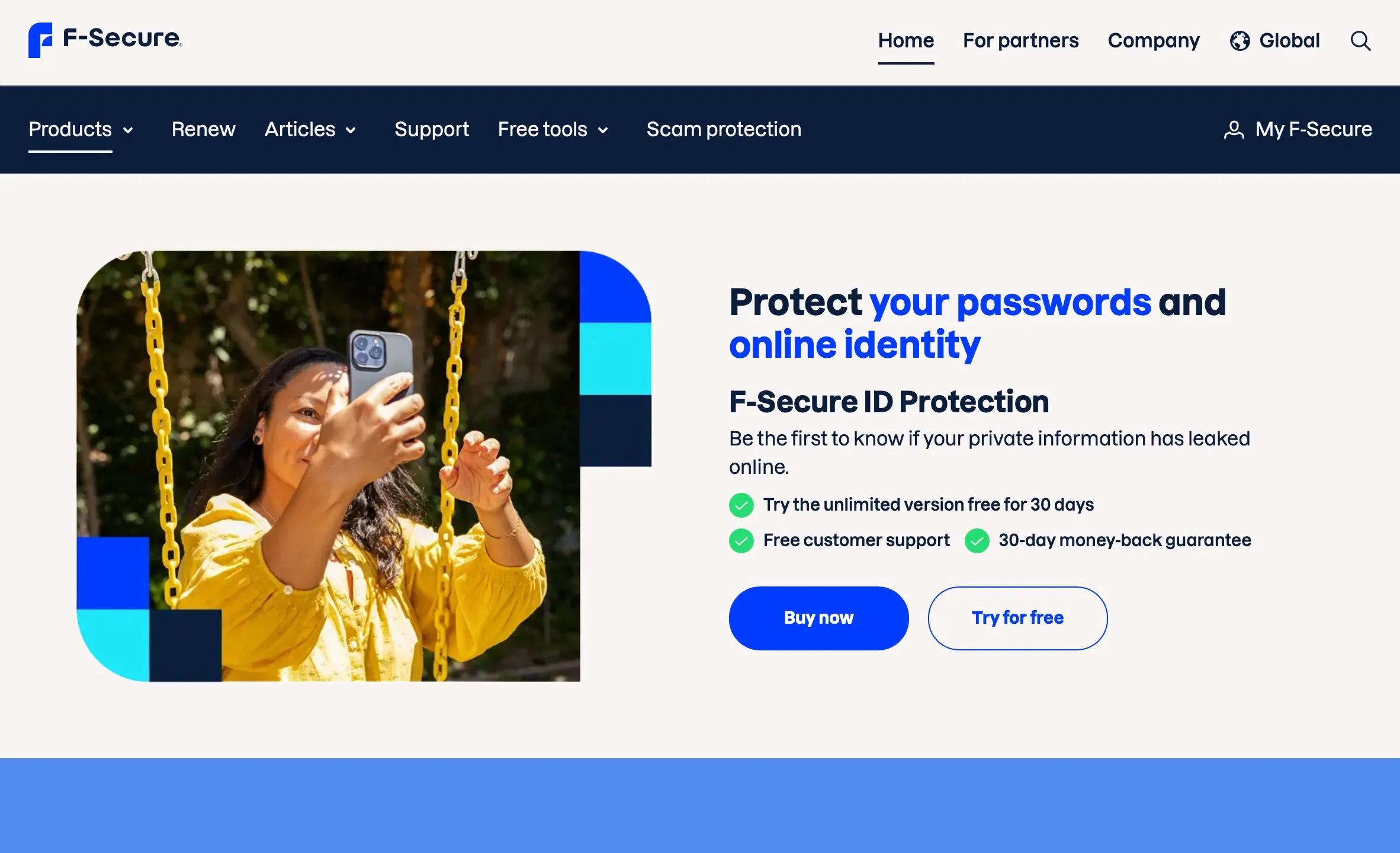 Giao diện chính của dịch vụ F-Secure ID Protection cho thấy màn hình trang chủ thân thiện và các tùy chọn bảo vệ