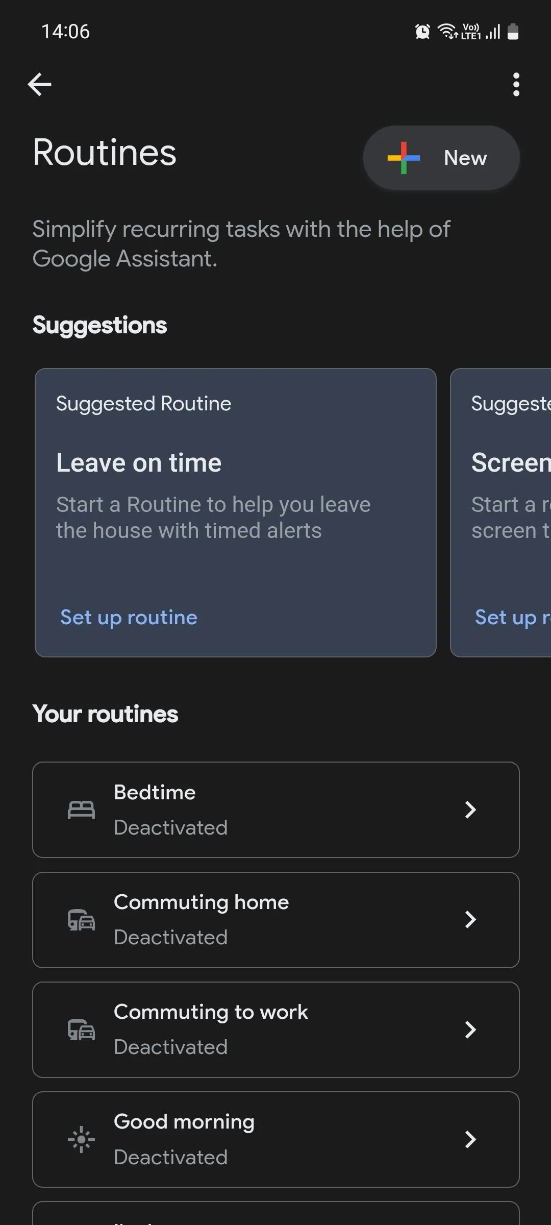 Giao diện chính của Google Assistant Routines, hiển thị các chế độ tự động đã thiết lập