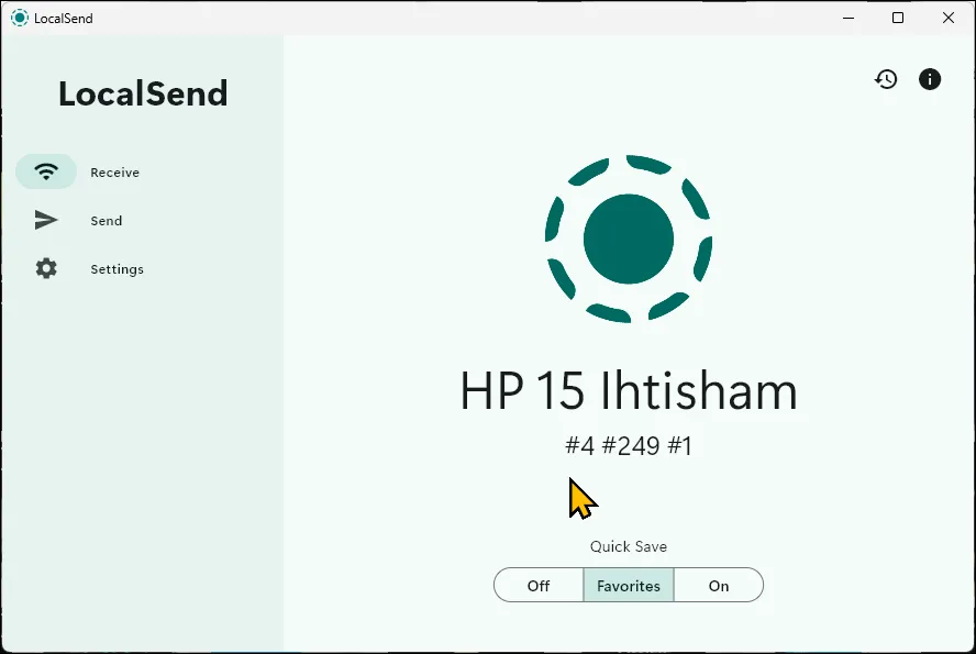 Giao diện chính của ứng dụng LocalSend trên Windows 11, hiển thị tùy chọn gửi và nhận file qua mạng nội bộ