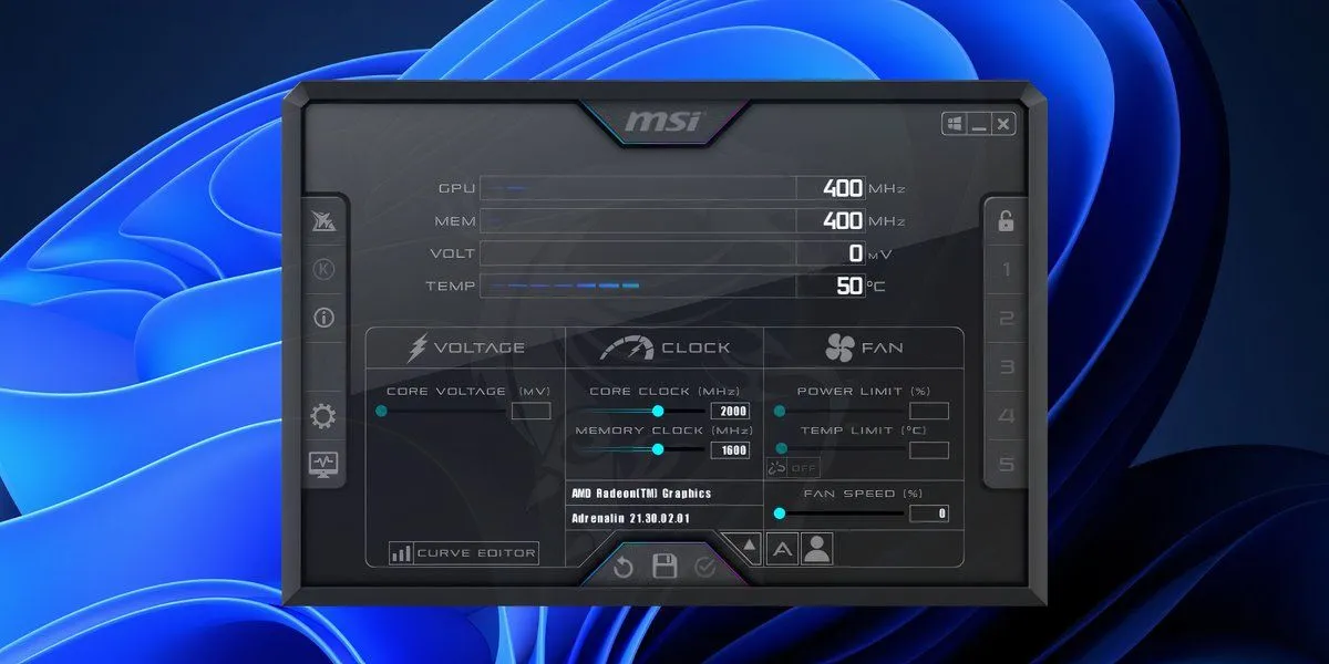 Giao diện chính MSI Afterburner hiển thị thông số GPU