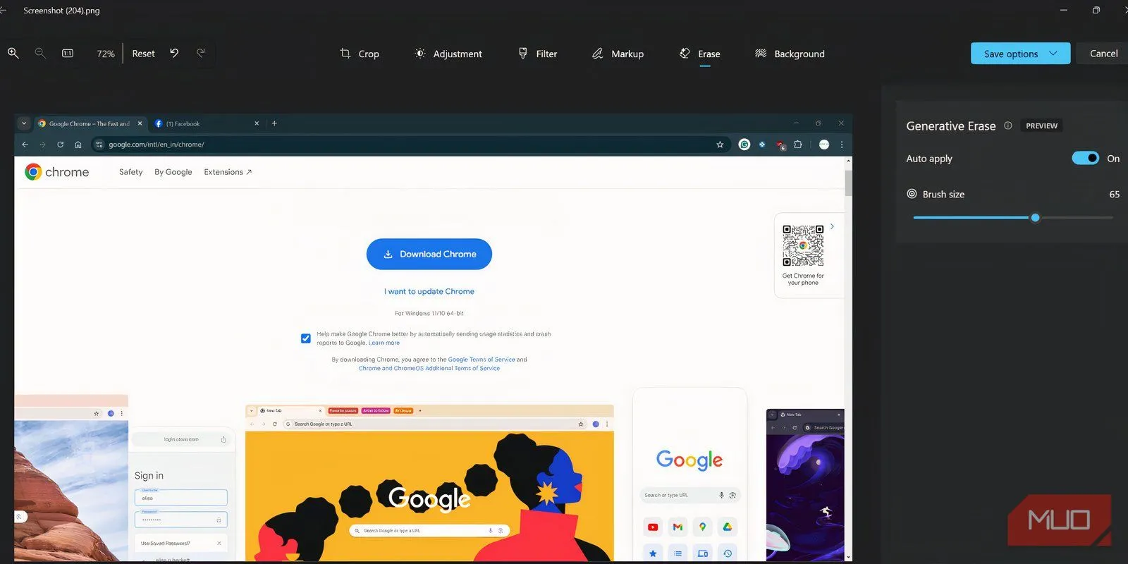 Giao diện chỉnh sửa ảnh trong ứng dụng Photos với Generative Erase được chọn