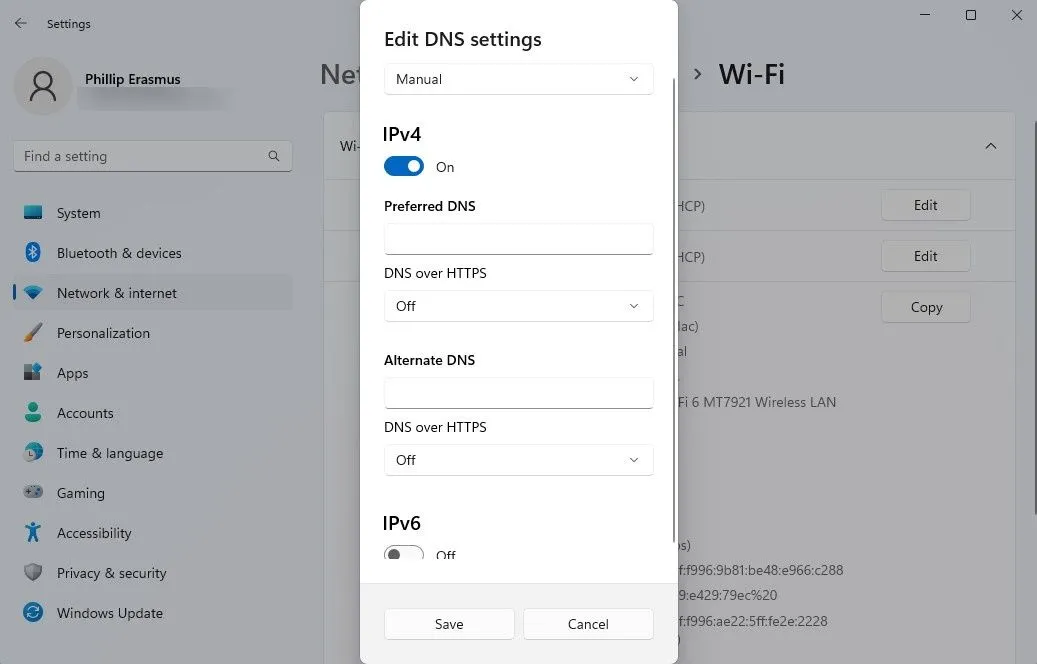 Giao diện chỉnh sửa cài đặt DNS để kích hoạt DNS Over HTTPS