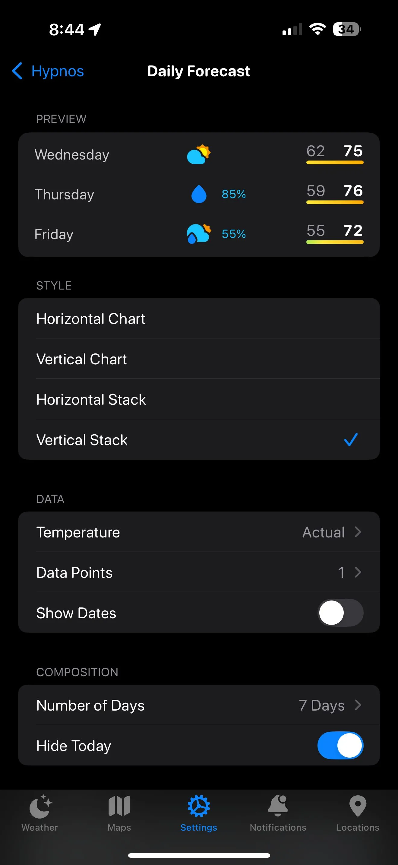 Giao diện chỉnh sửa chi tiết bố cục và dữ liệu hiển thị trong Carrot Weather