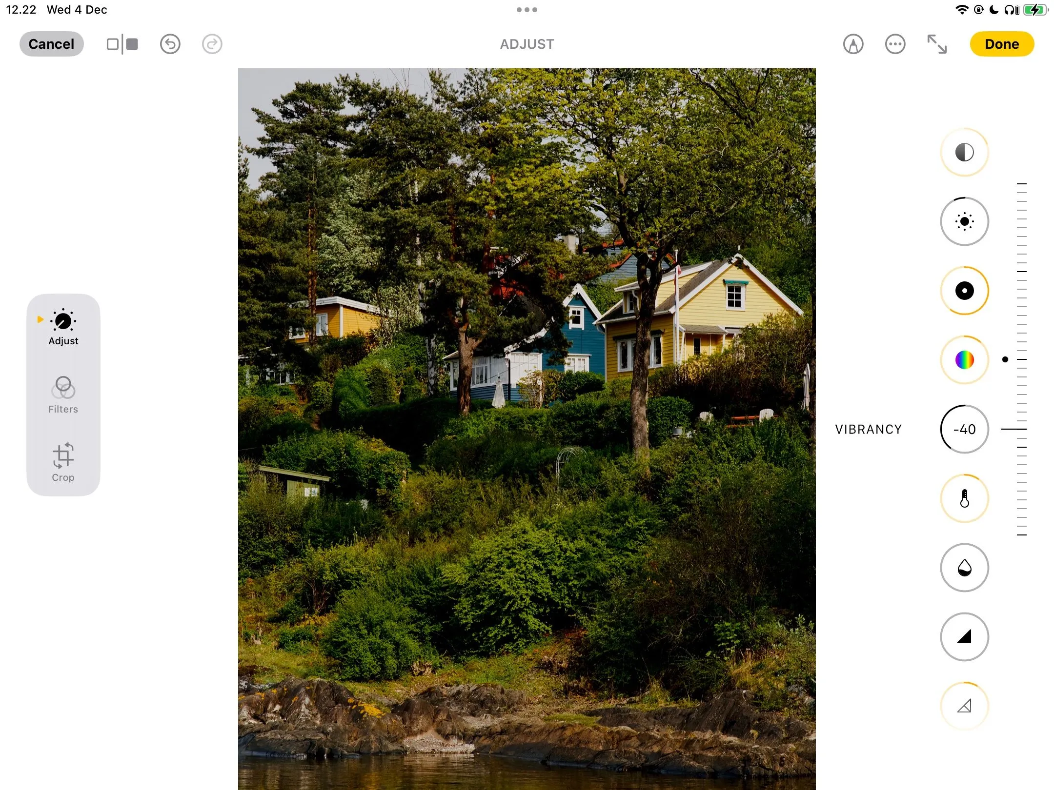 Giao diện chỉnh sửa độ rung (Vibrancy) của hình ảnh trong ứng dụng Apple Photos trên iPad