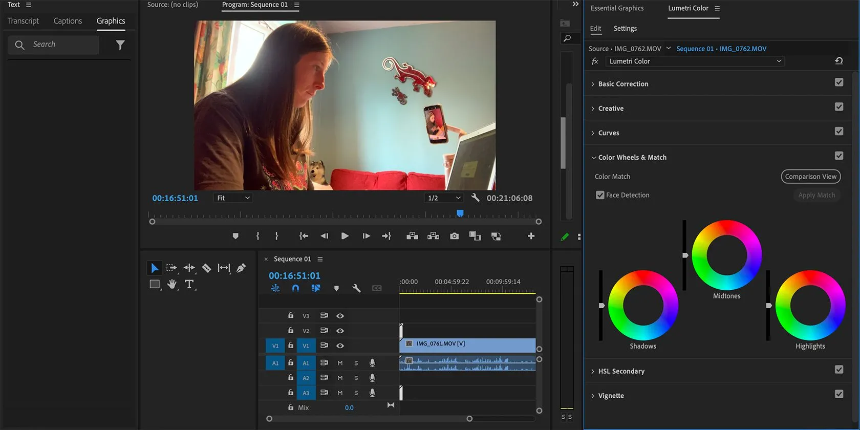 Giao diện chỉnh sửa màu sắc trong Adobe Premiere Pro, minh họa công việc chỉnh sửa video