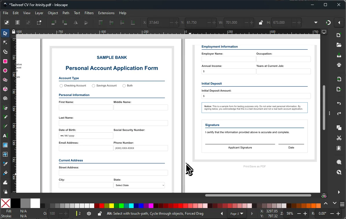 Giao diện chỉnh sửa PDF trong Inkscape với các công cụ đồ họa vector và tùy chọn đối tượng