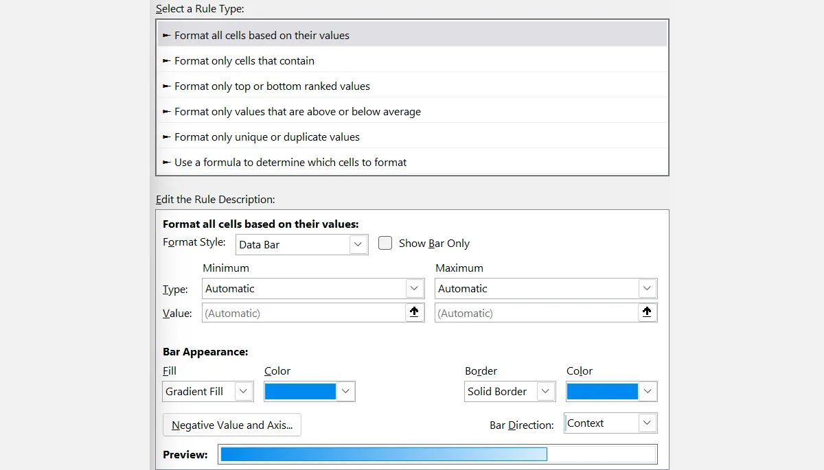 Giao diện chỉnh sửa Quy tắc Định dạng có điều kiện cho Thanh dữ liệu trong Microsoft Excel, cho phép tùy chỉnh kiểu hiển thị, màu sắc và giá trị