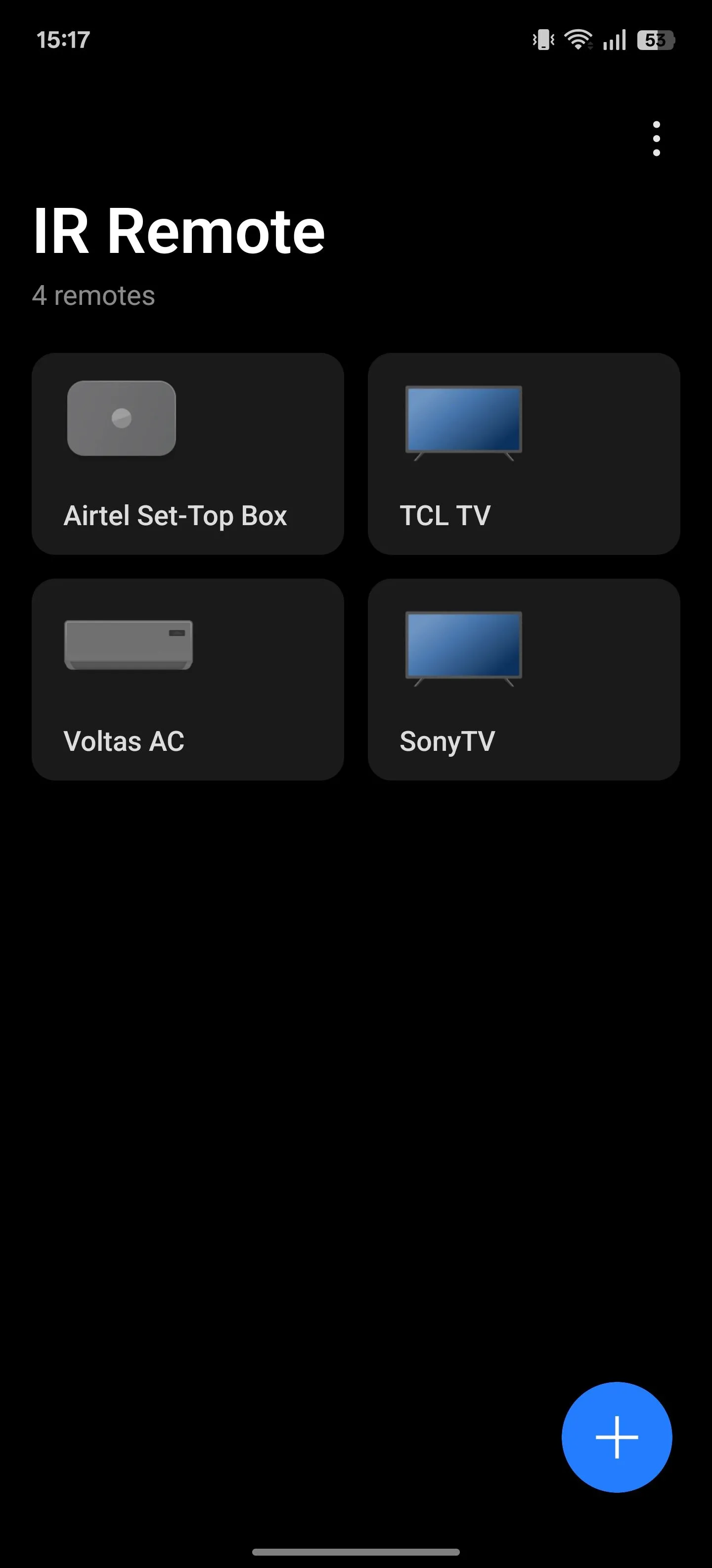 Giao diện chính ứng dụng IR Remote điều khiển hồng ngoại trên điện thoại