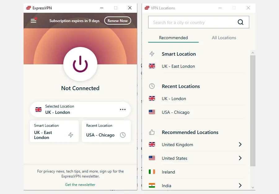 Giao diện chính và danh sách vị trí máy chủ của ExpressVPN, minh họa việc bảo vệ eSIM bằng VPN