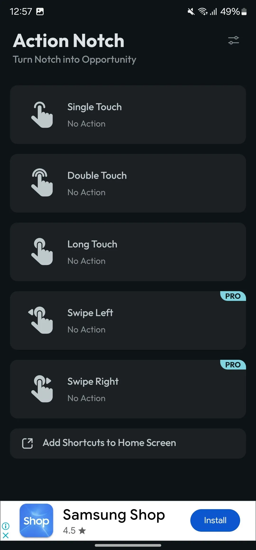 Giao diện chọn cử chỉ và hành động cuộn lên đầu trang trong Action Notch
