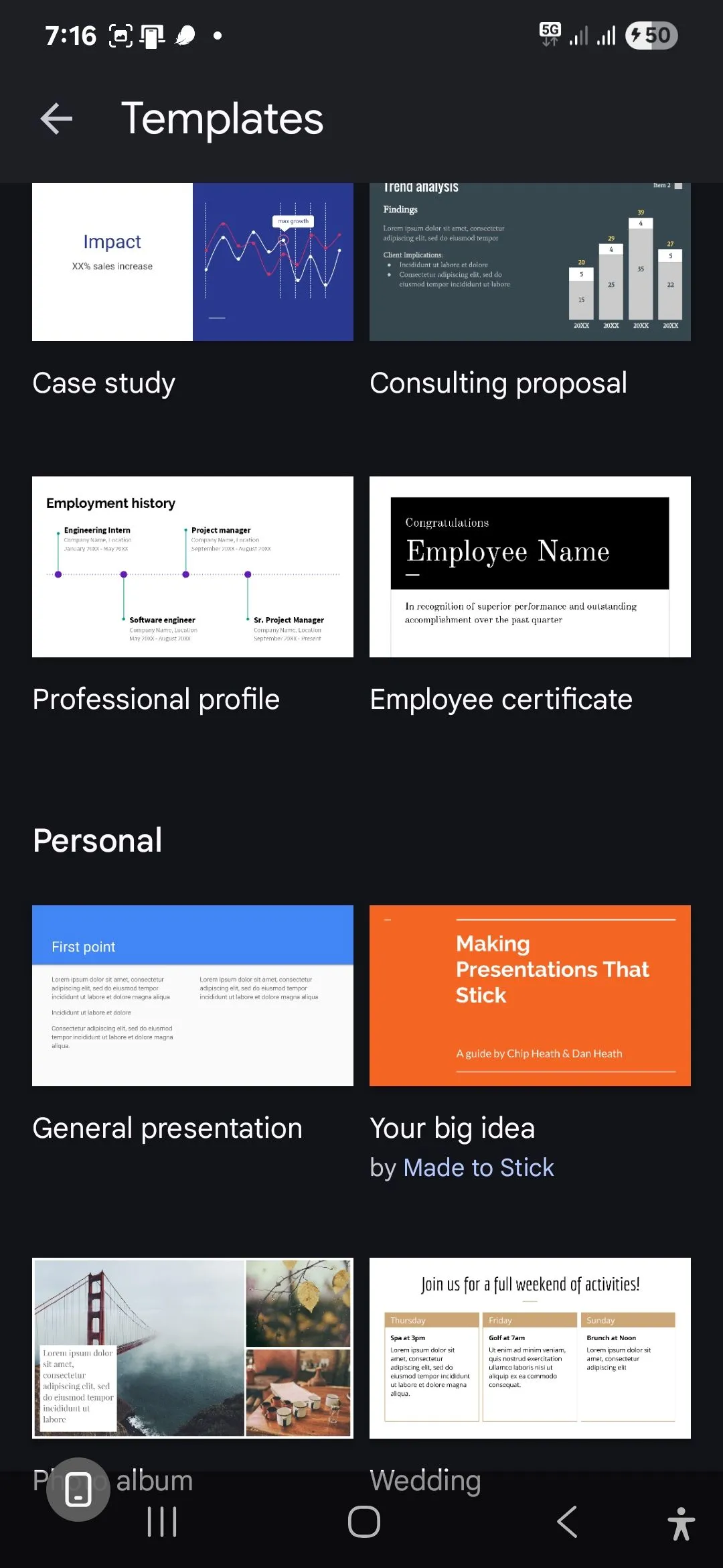 Giao diện chọn mẫu trình chiếu trên ứng dụng Google Slides di động, hiển thị các tùy chọn mẫu đơn giản và trực quan.