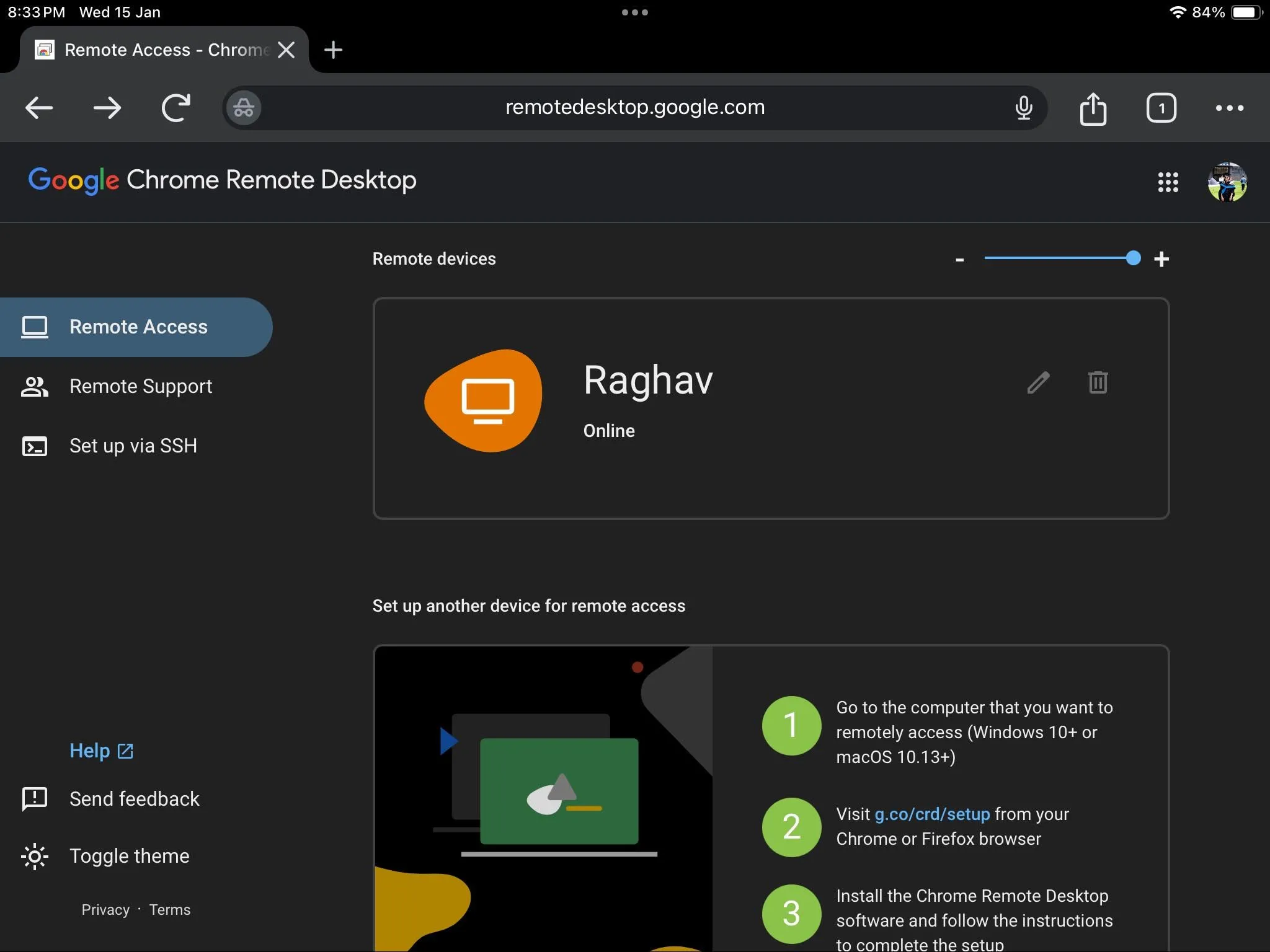 Giao diện Chrome Remote Desktop trên iPad hiển thị danh sách các máy tính đã được thiết lập sẵn sàng để truy cập từ xa.