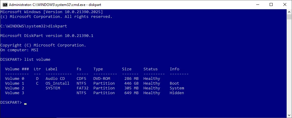 Giao diện Command Prompt hiển thị kết quả lệnh diskpart list volume.