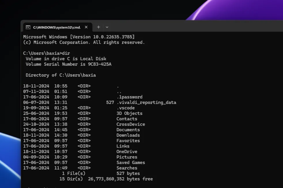 Giao diện Command Prompt trên Windows 11 hiển thị các dòng lệnh cơ bản