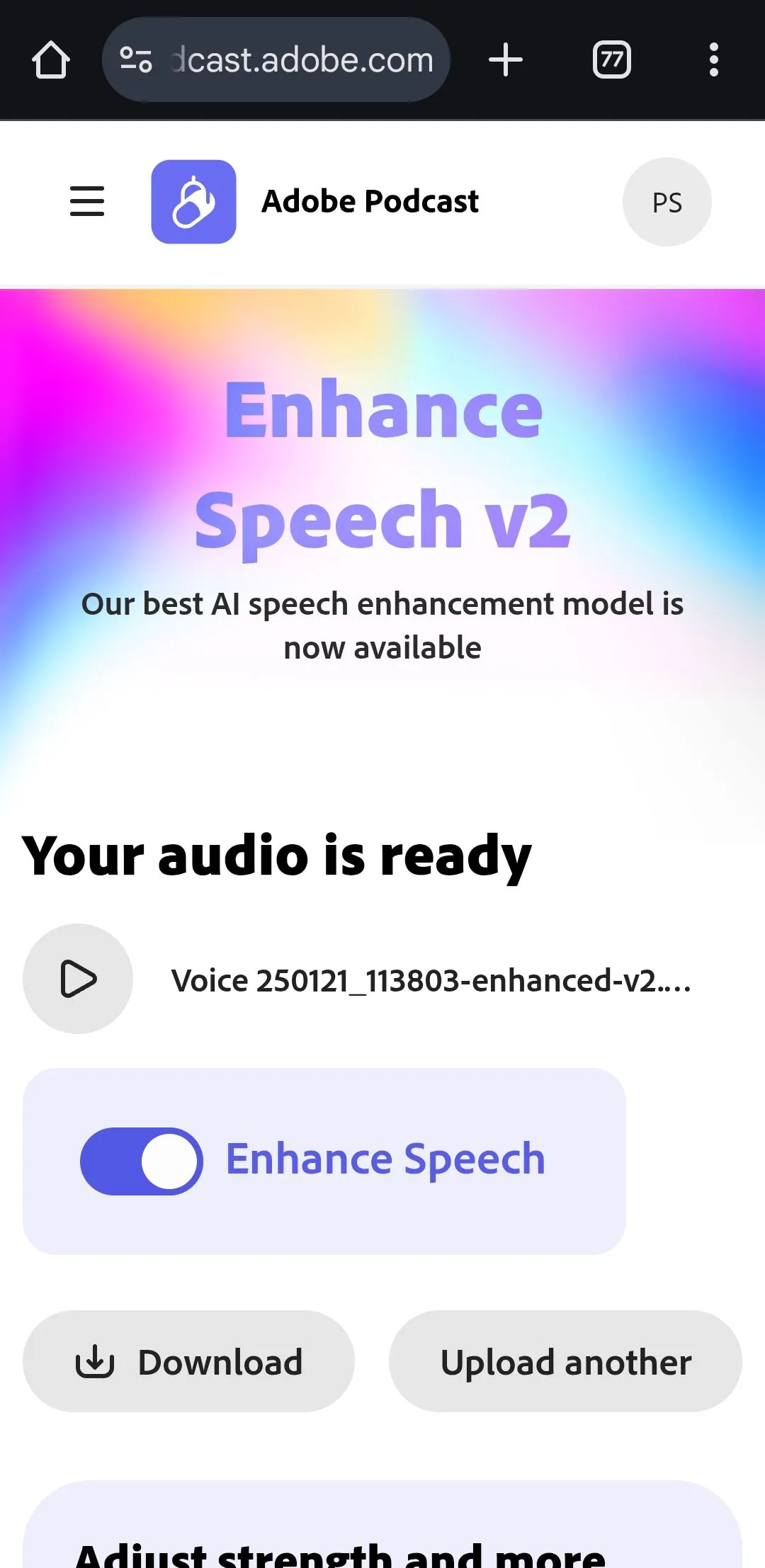 Giao diện công cụ Adobe Enhance Speech trên trình duyệt Chrome cho Android với tùy chọn tải xuống file âm thanh đã xử lý.