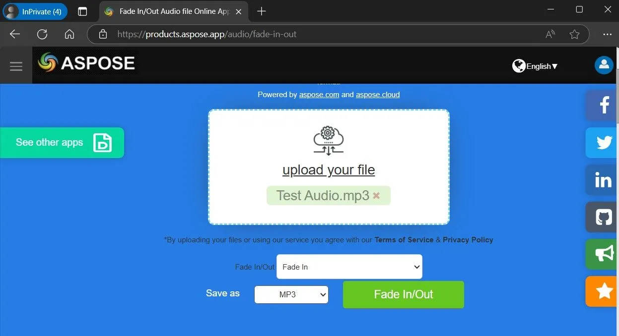 Giao diện công cụ Aspose giúp tạo hiệu ứng fade in và fade out cho âm thanh ngay trên trình duyệt web.