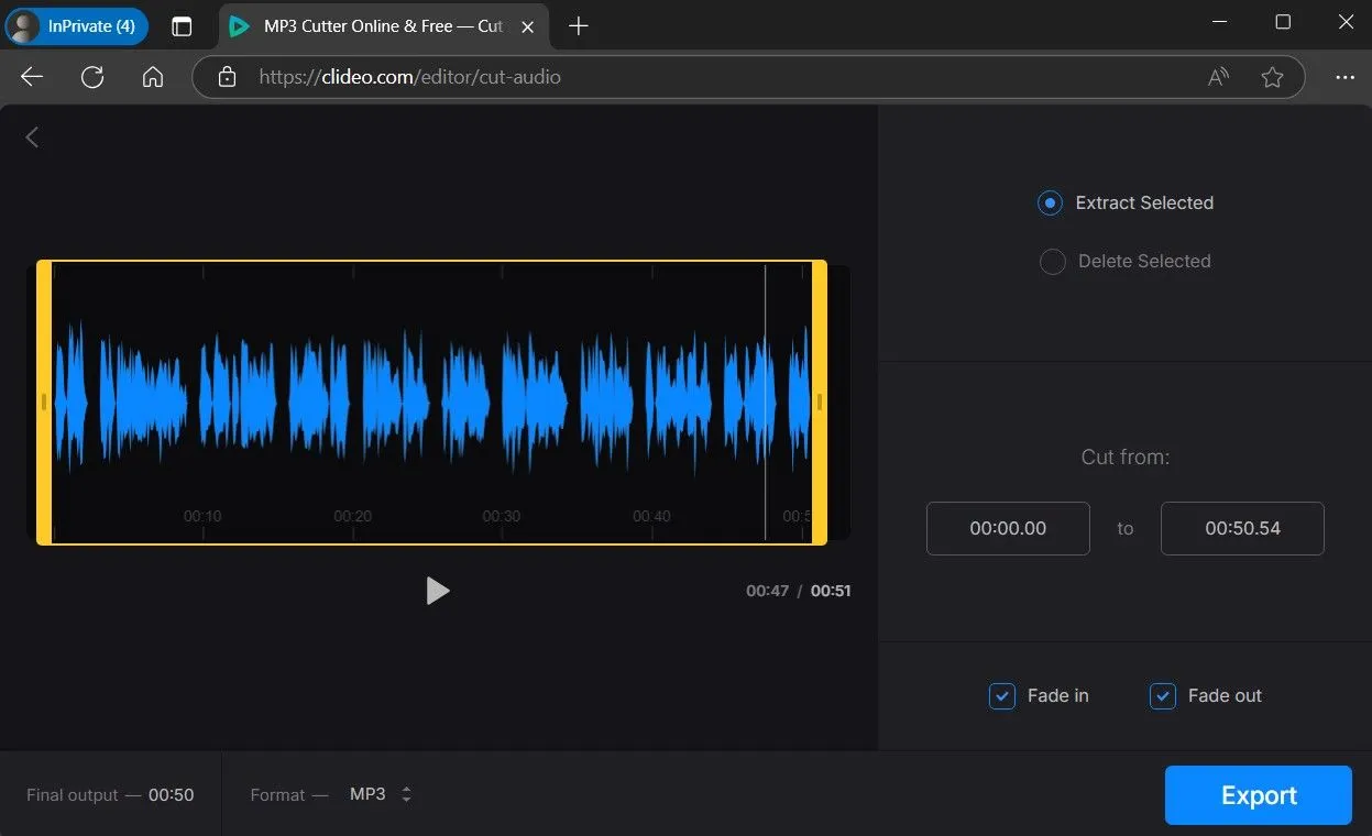 Giao diện công cụ cắt âm thanh Clideo trên trình duyệt web, hiển thị tùy chọn fade in và fade out.