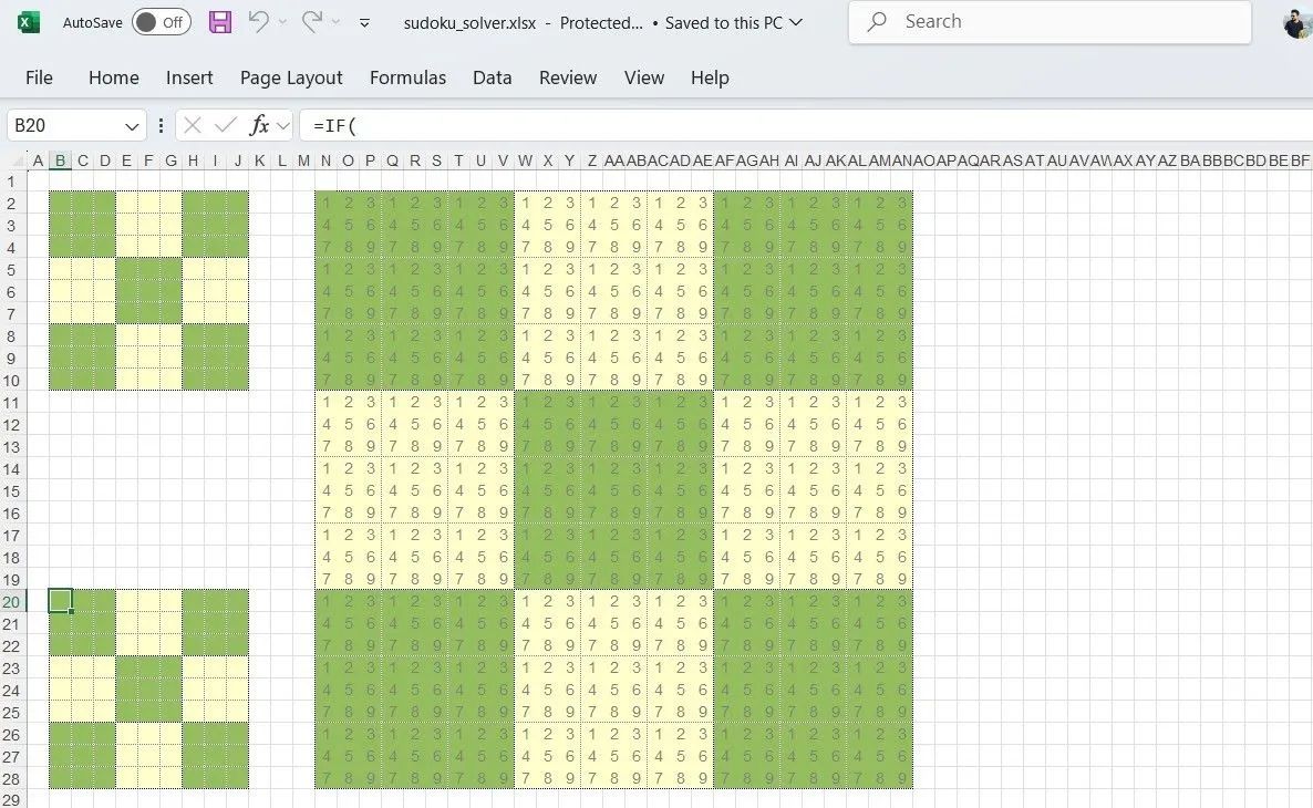 Giao diện công cụ giải Sudoku tương tác được thiết kế trên bảng tính Excel, sử dụng công thức và định dạng có điều kiện.