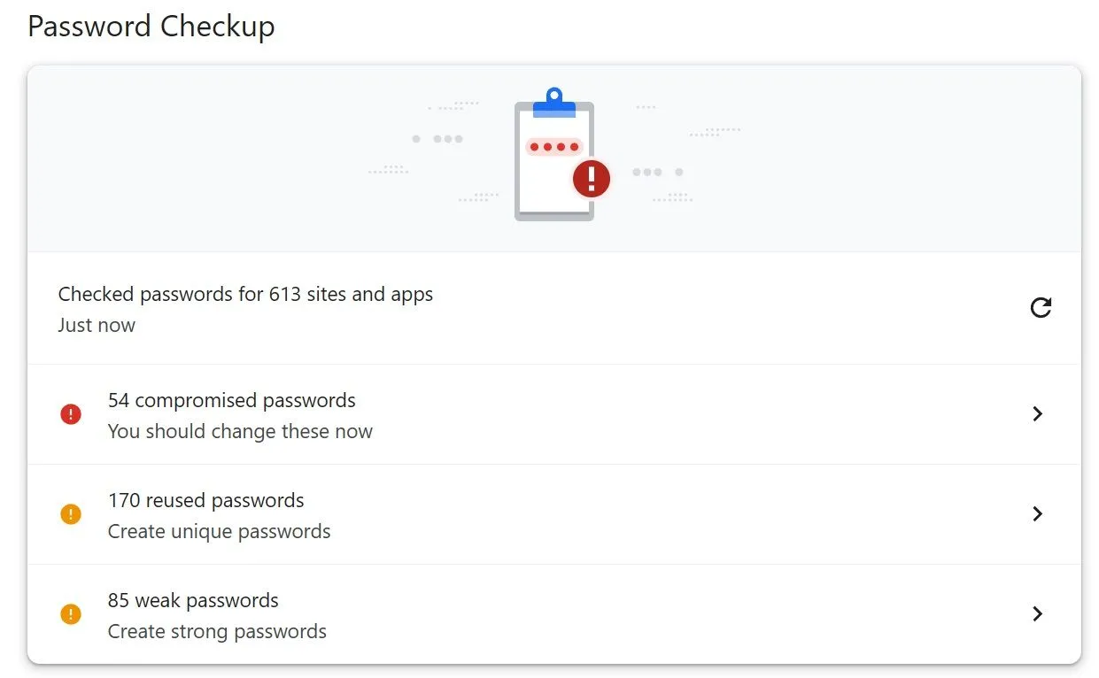 Giao diện công cụ kiểm tra mật khẩu của Google Password Manager trong Chrome