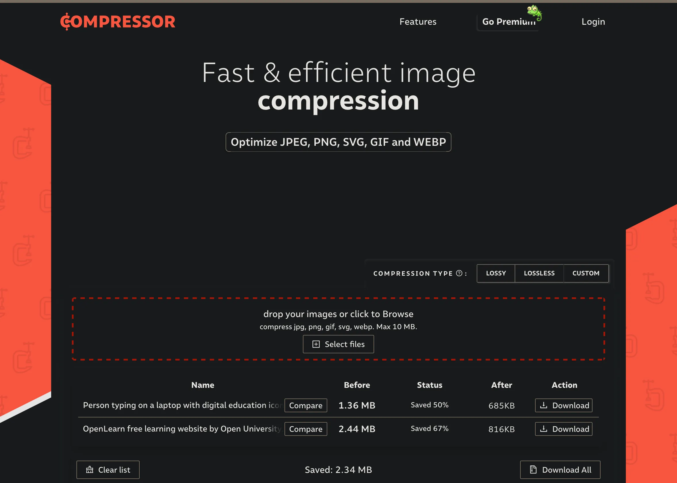 Giao diện công cụ nén ảnh Compressor.io với tùy chọn nén lossy và lossless