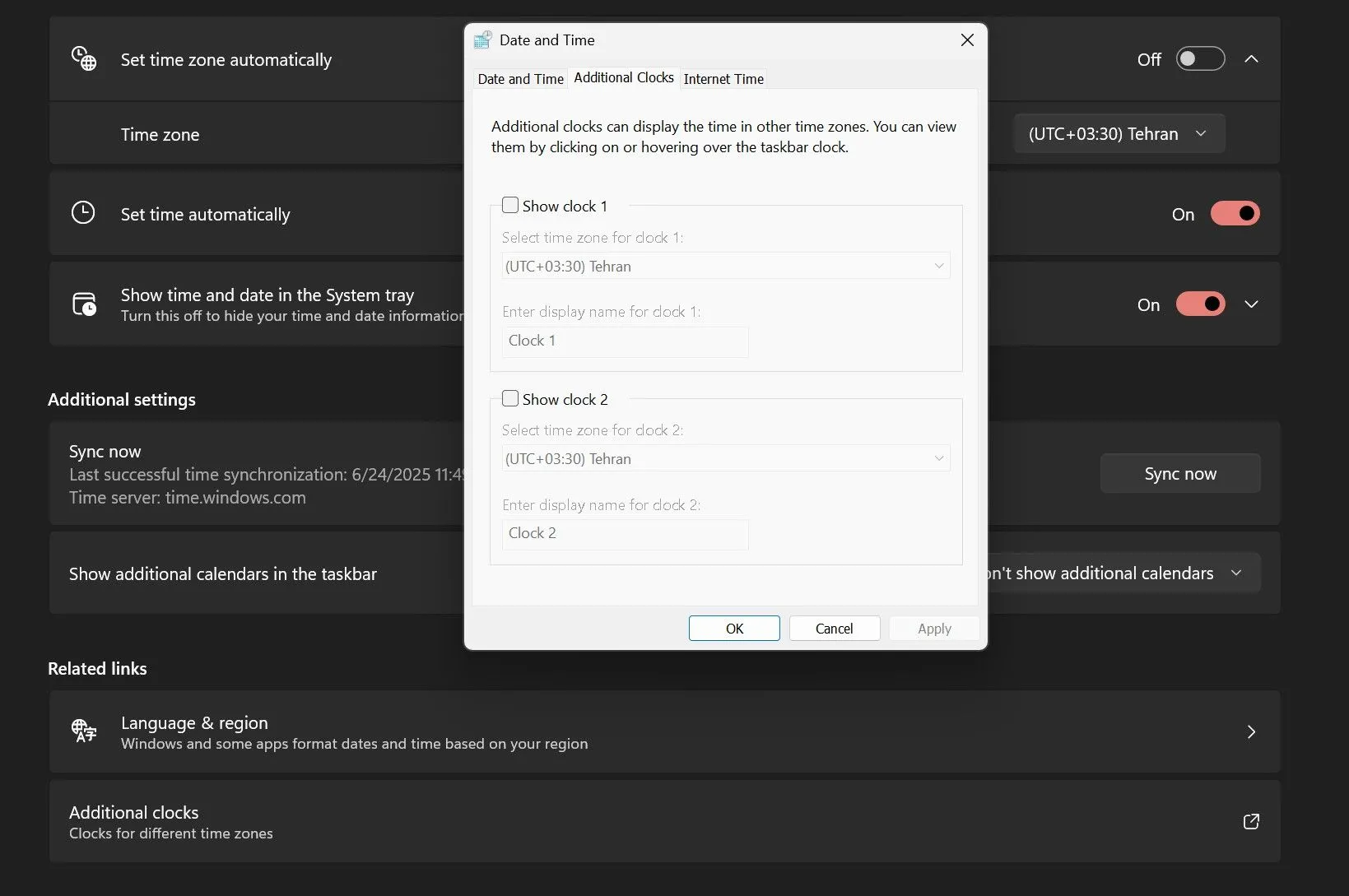 Giao diện Control Panel cổ điển khi thêm múi giờ phụ trong Windows 11, cho thấy Settings chưa hoàn thiện.