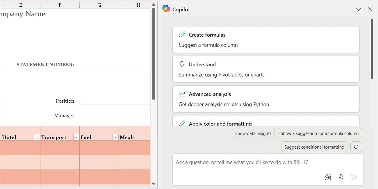 Giao diện Copilot tích hợp trong Excel hiển thị bảng điều khiển phụ trợ, hỗ trợ người dùng phân tích dữ liệu và tạo công thức hiệu quả.