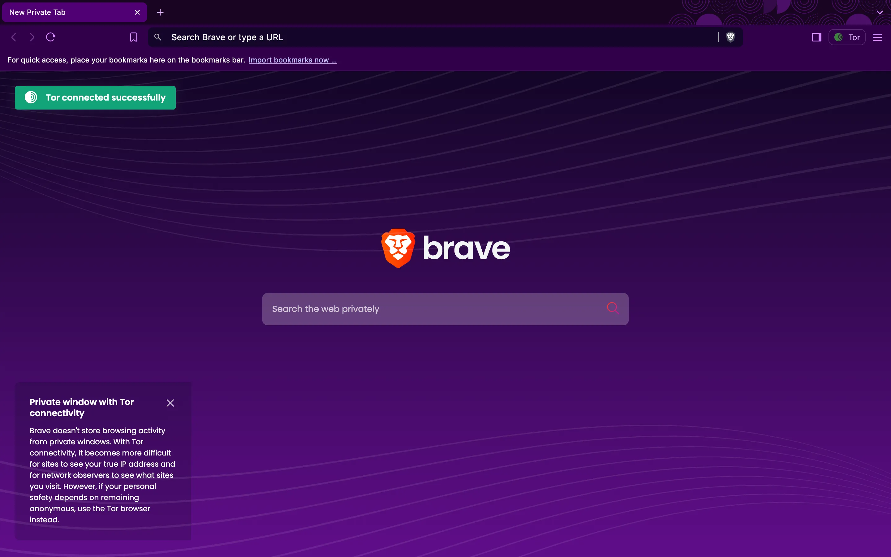 Giao diện cửa sổ riêng tư của trình duyệt Brave khi kích hoạt chế độ duyệt web với Tor, minh họa sự đơn giản khi sử dụng tính năng ẩn danh này.