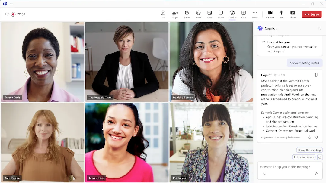 Giao diện cuộc gọi Microsoft Teams với thanh sidebar Copilot hiển thị các tính năng AI hỗ trợ cuộc họp