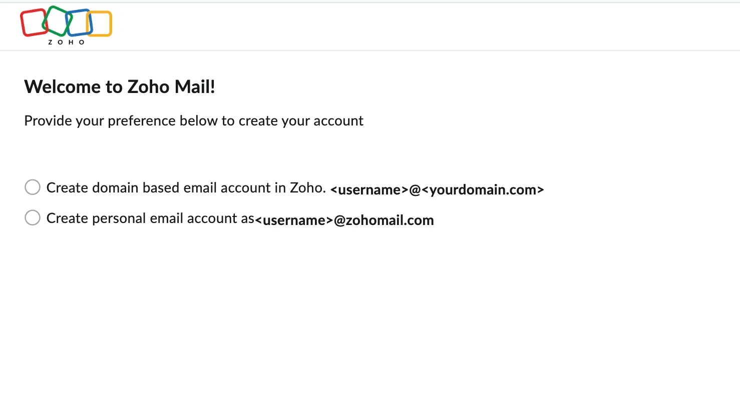 Giao diện đăng ký Zoho Mail, hỗ trợ email tên miền tùy chỉnh
