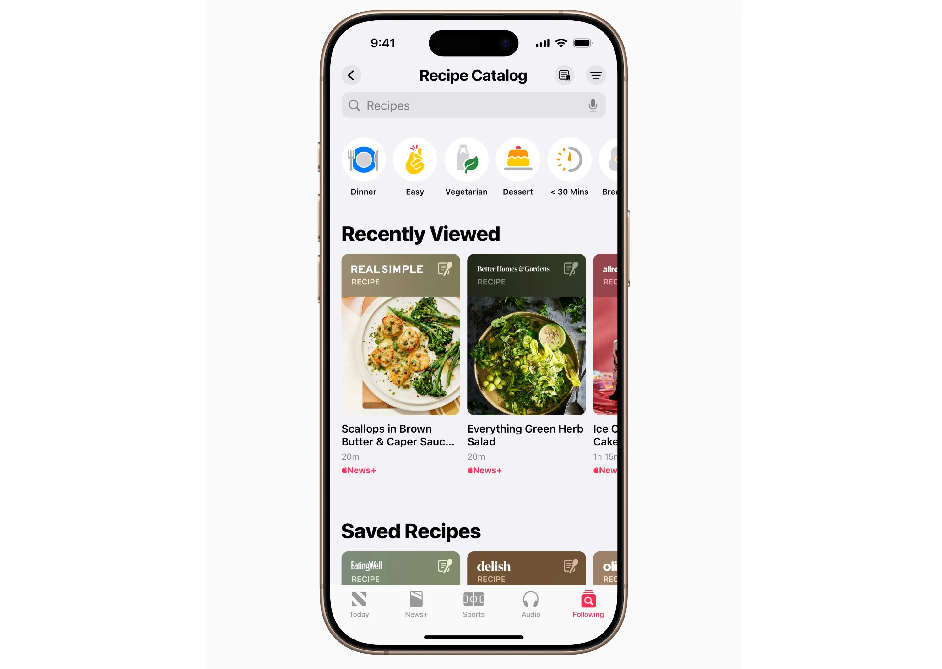 Giao diện Danh mục Công thức nấu ăn của Apple News+ Food trên iPad, hiển thị các công thức được tổ chức khoa học với các tùy chọn tìm kiếm và lọc.