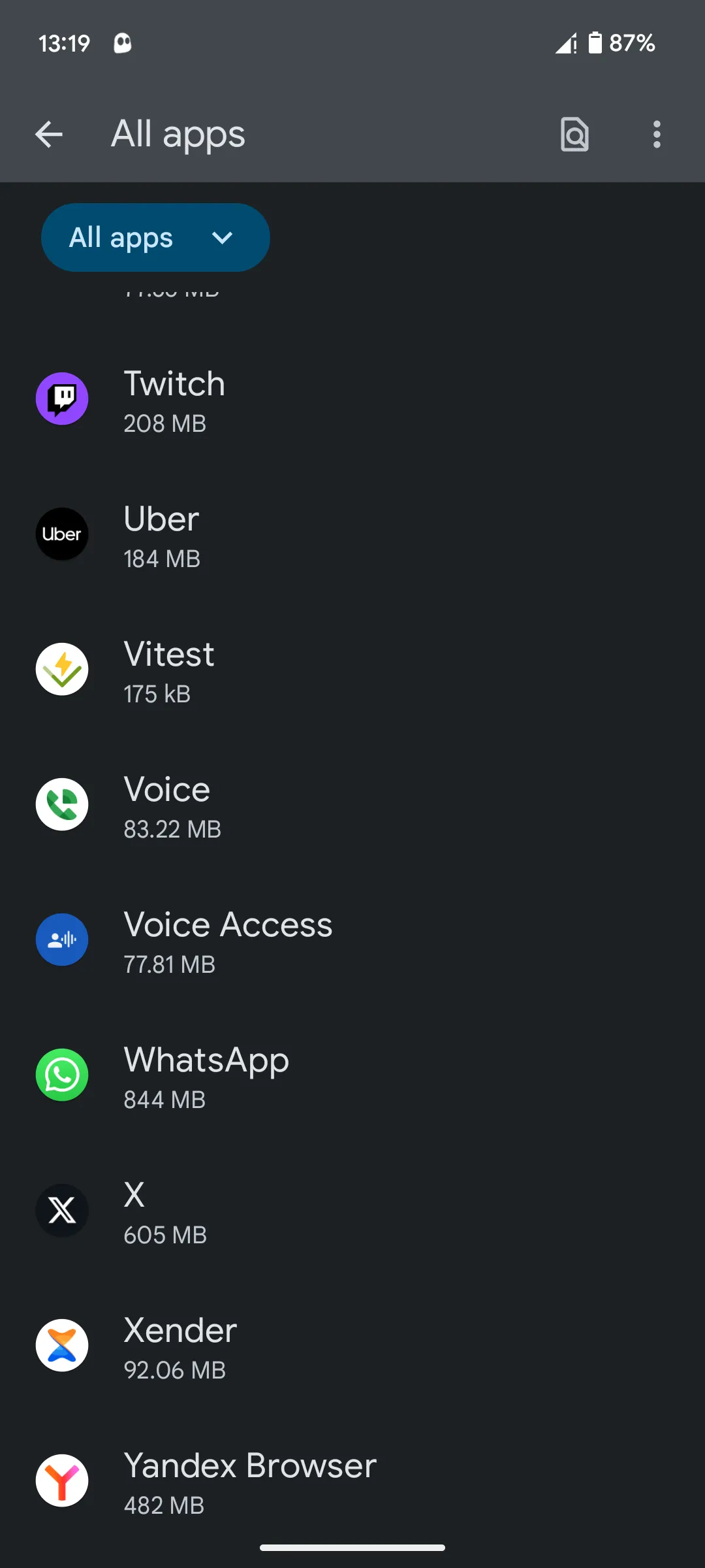Giao diện danh sách tất cả ứng dụng đã cài đặt trên điện thoại Android.