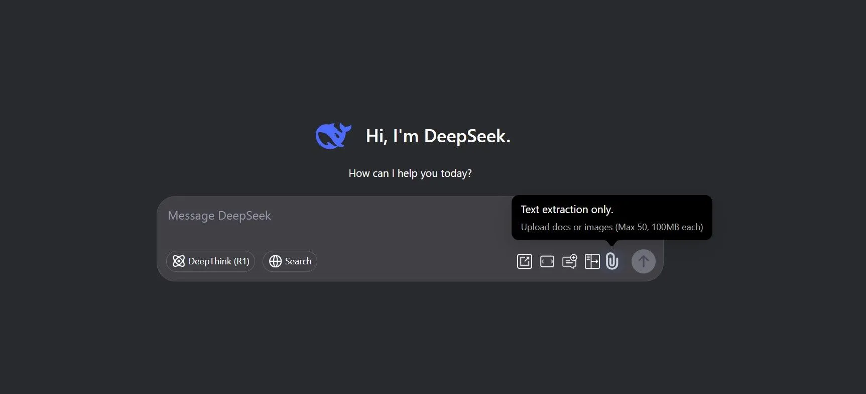 Giao diện DeepSeek với thông báo hạn chế tải lên tệp tin