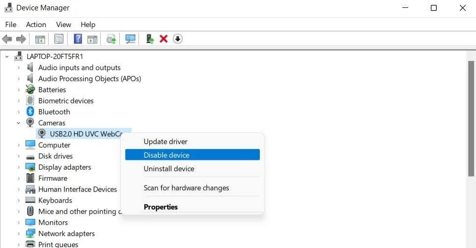 Giao diện Device Manager trên Windows hiển thị tùy chọn vô hiệu hóa webcam