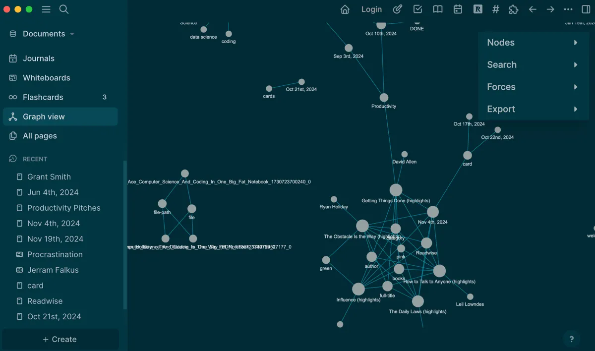 Giao diện đồ thị (graph view) của Logseq, thể hiện các mối liên kết giữa các ý tưởng và ghi chú, hỗ trợ tư duy sáng tạo
