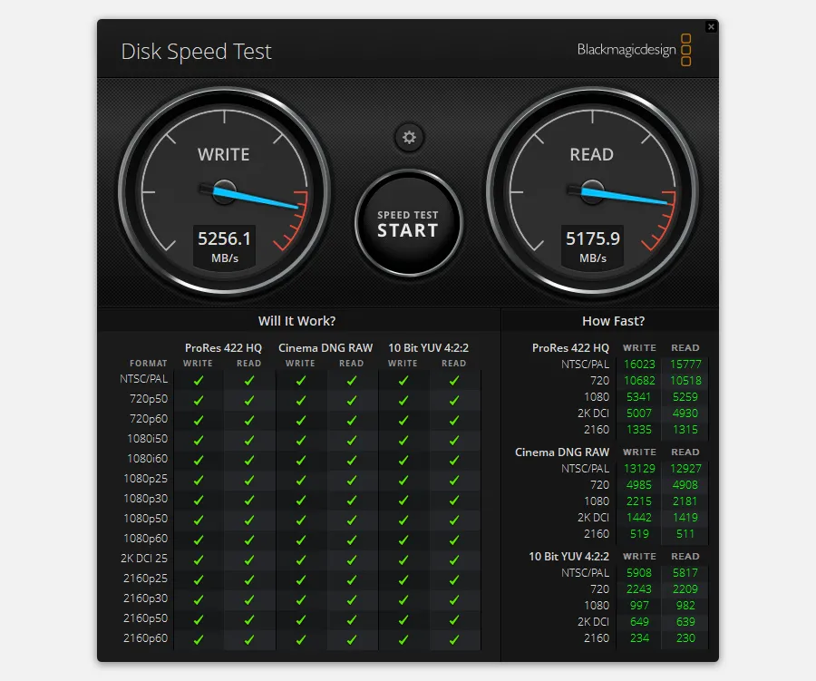 Giao diện đơn giản của Blackmagic Disk Speed Test trên Windows để kiểm tra tốc độ SSD