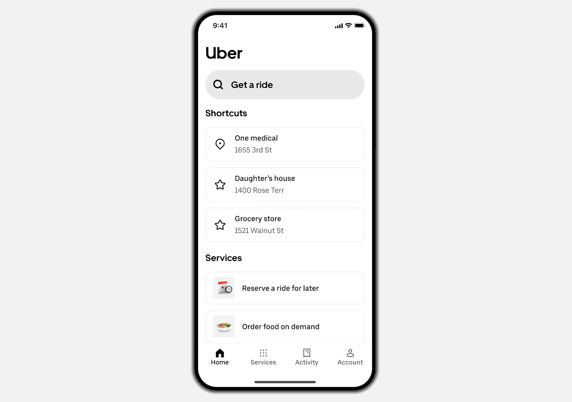 Giao diện đơn giản hóa của ứng dụng Uber với chữ lớn và các nút tối giản
