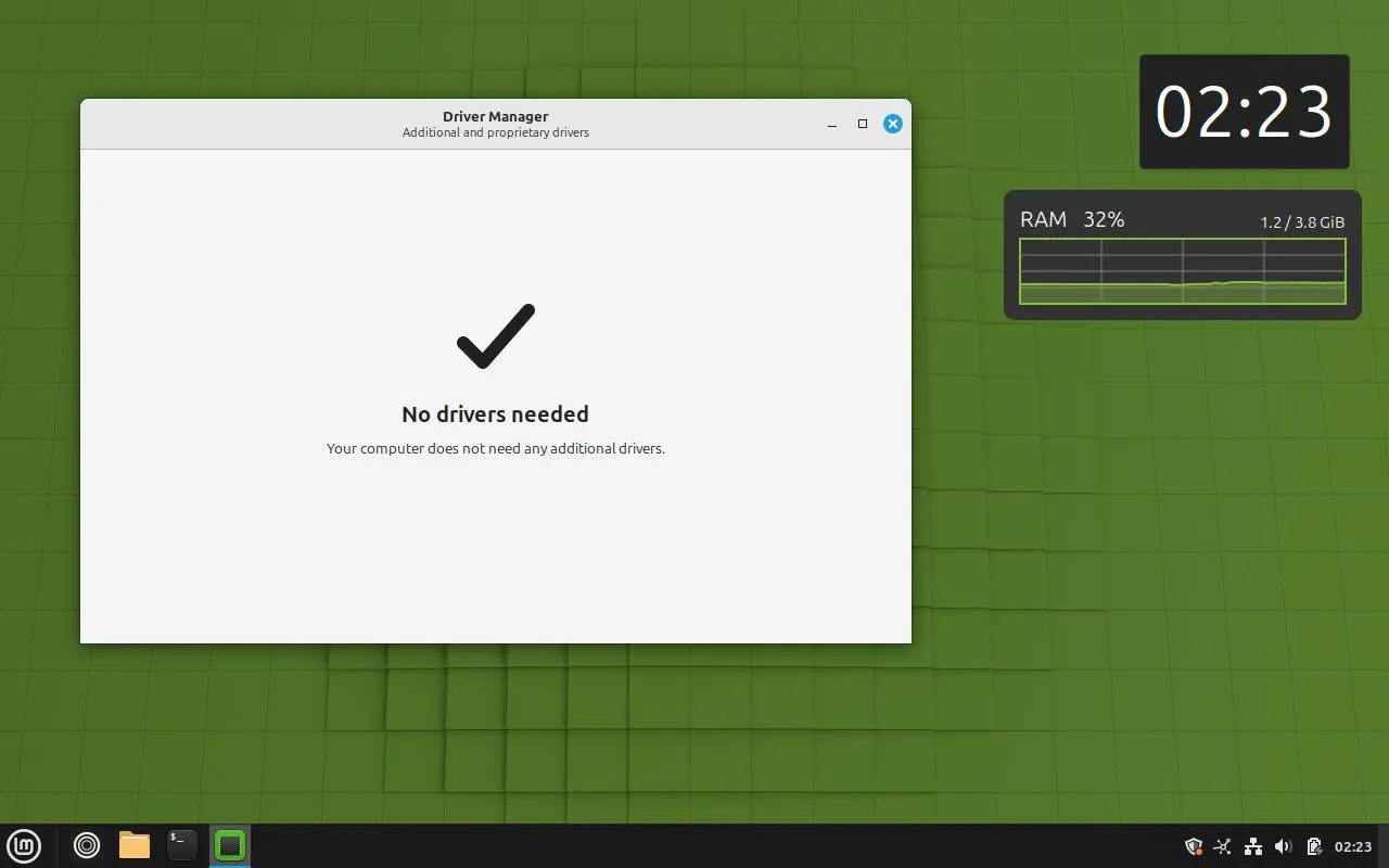 Giao diện Driver Manager trong Linux Mint, giúp người dùng dễ dàng quản lý và cập nhật driver phần cứng tự động.