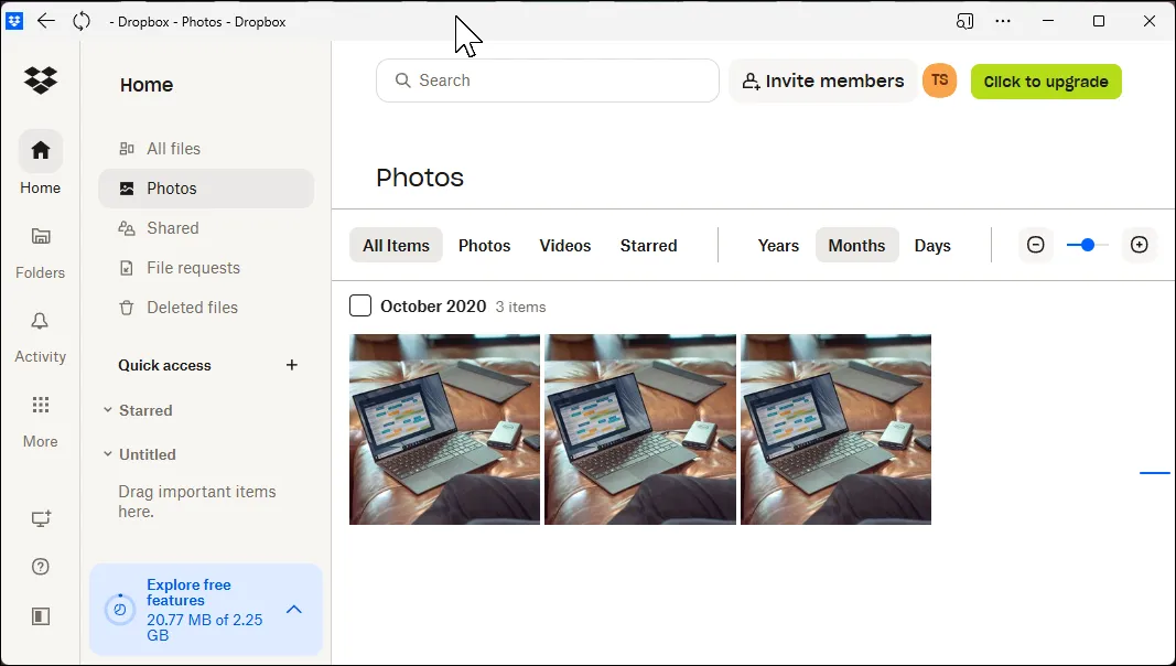 Giao diện Dropbox cho tab Ảnh