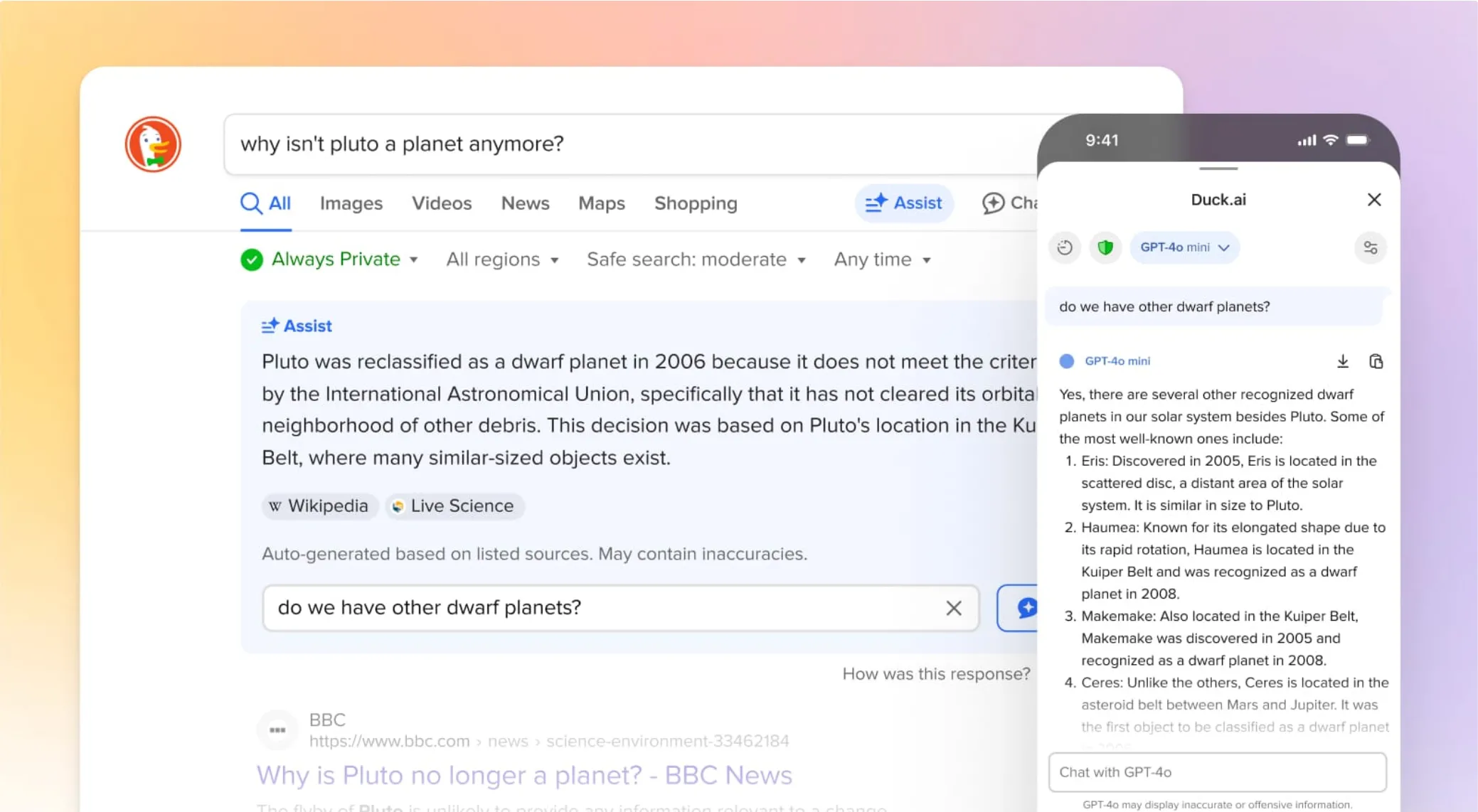 Giao diện DuckDuckGo hiển thị các tính năng AI mới trên máy tính và điện thoại, minh họa sự tích hợp mượt mà