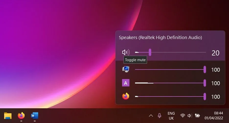 Giao diện EarTrumpet hiển thị điều khiển âm lượng từng ứng dụng trên Windows 11