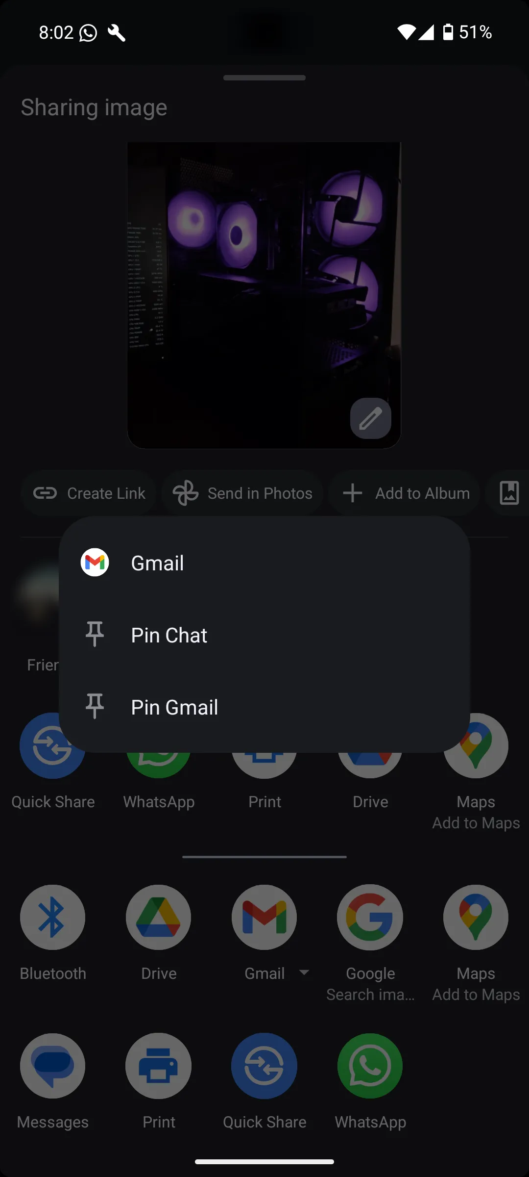 giao diện ghim ứng dụng trên menu chia sẻ Android