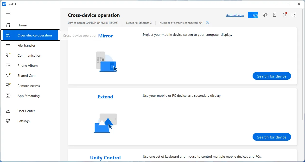 Giao diện GlideX trên Windows 11 hiển thị hoạt động kết nối đa thiết bị, bao gồm tính năng màn hình phụ.