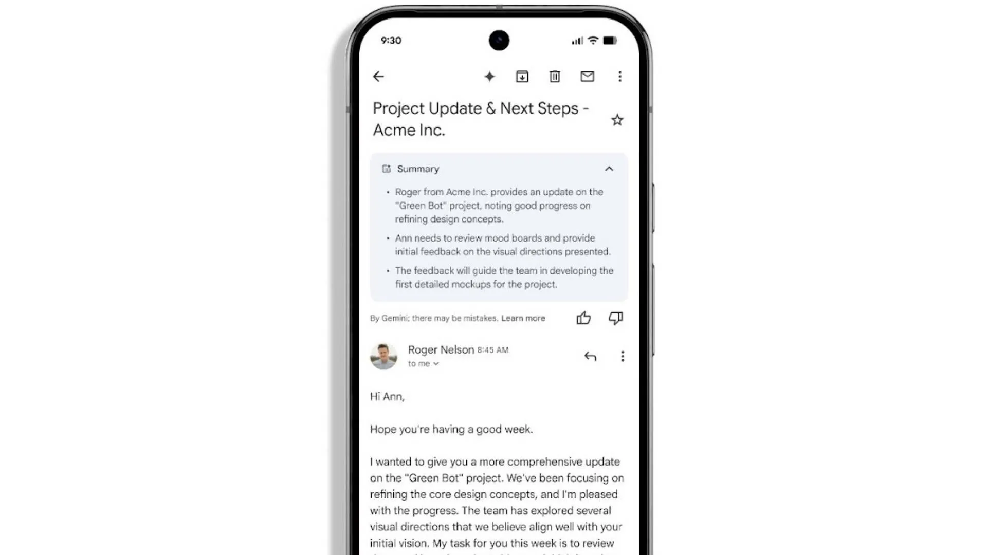 Giao diện Gmail hiển thị tính năng tóm tắt email tự động của Gemini trên điện thoại thông minh