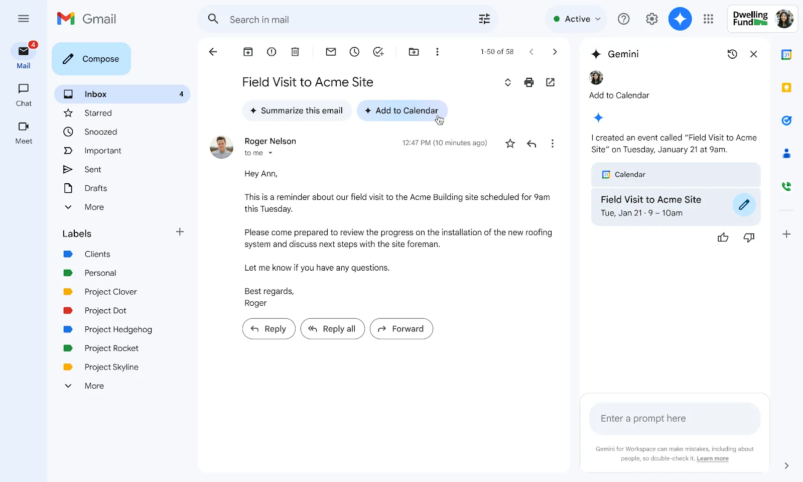 Giao diện Gmail với tính năng Gemini AI đề xuất nút 'Thêm vào lịch' cho sự kiện