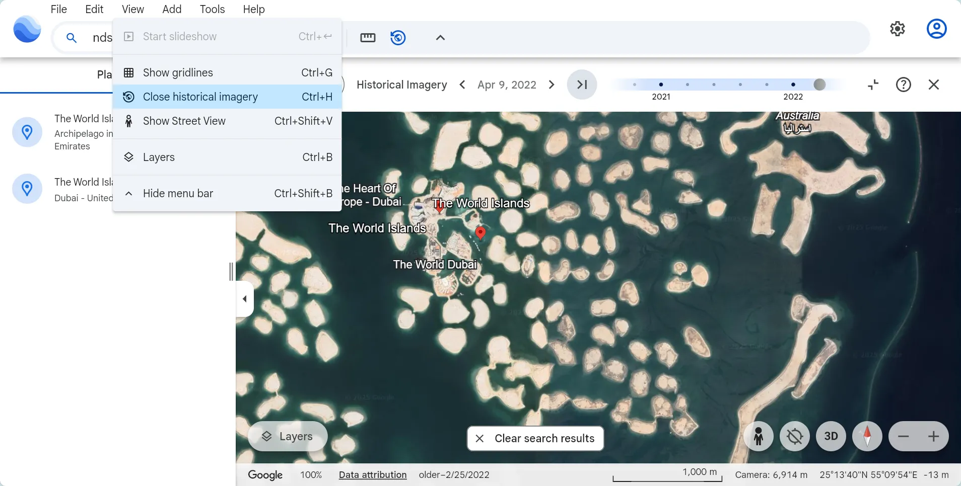 Giao diện Google Earth hiển thị tính năng xem hình ảnh Street View lịch sử qua thanh trượt thời gian.
