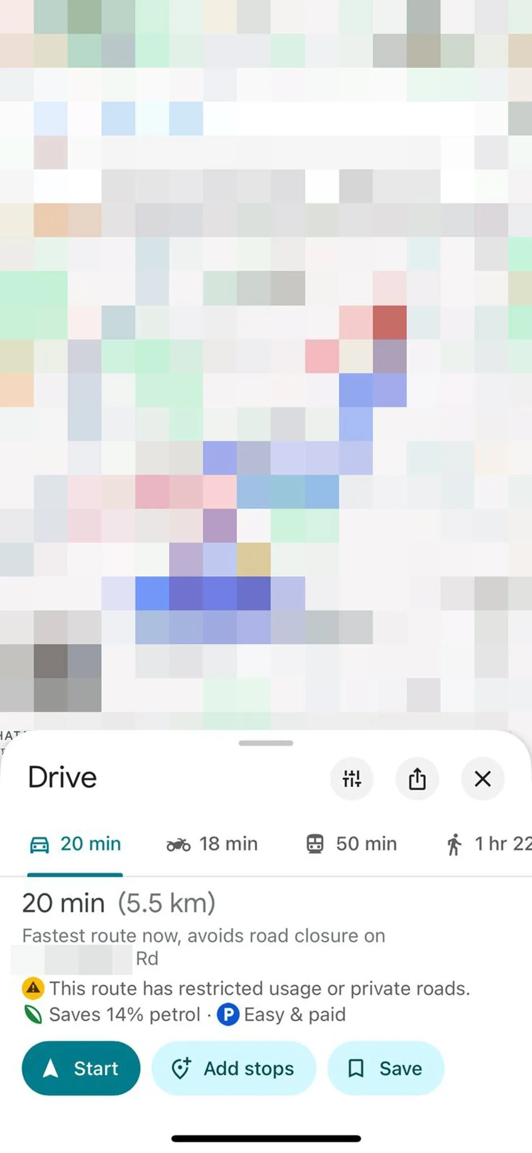 Giao diện Google Maps hiển thị độ khó đỗ xe trên iOS