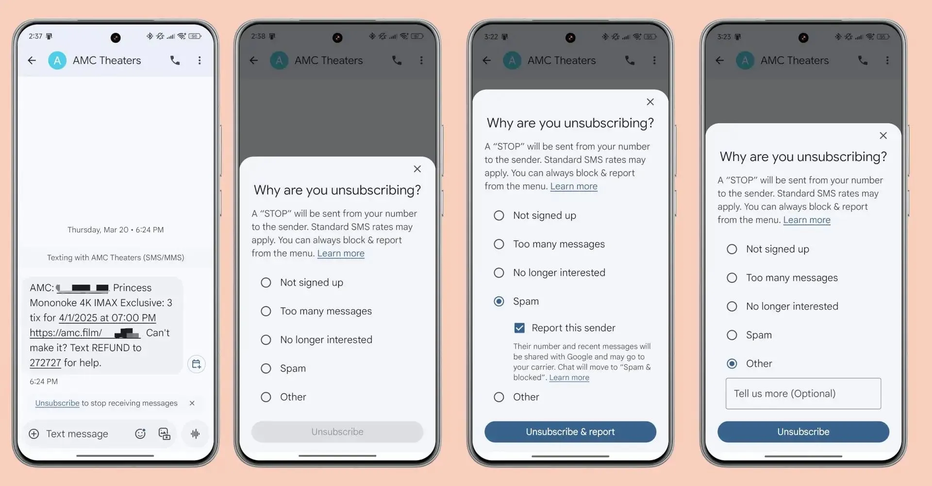 Giao diện Google Messages hiển thị tùy chọn hủy đăng ký tin nhắn tự động và các lý do hủy