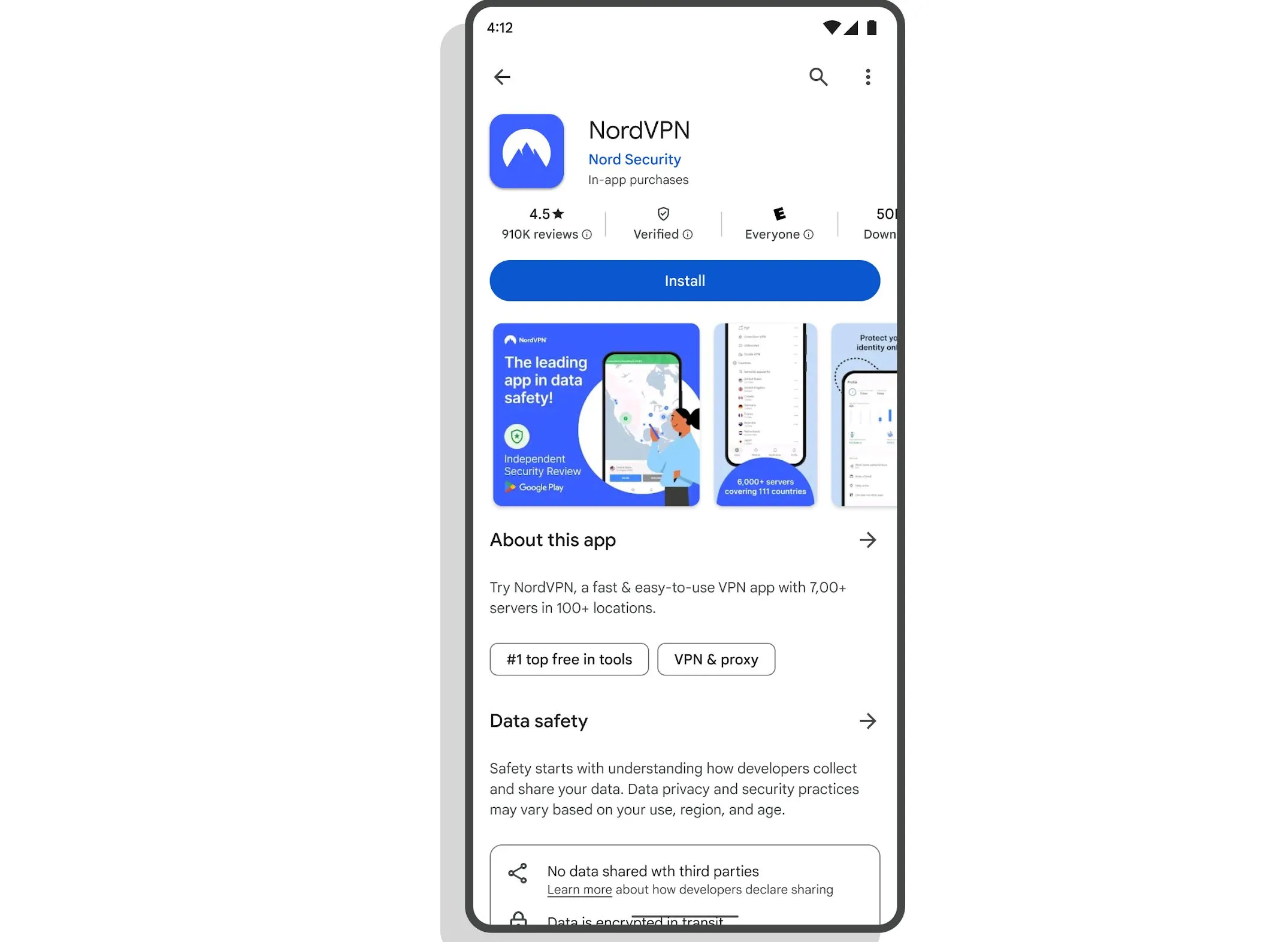 Giao diện Google Play Store hiển thị huy hiệu Đã xác minh trên trang thông tin ứng dụng VPN đáng tin cậy.